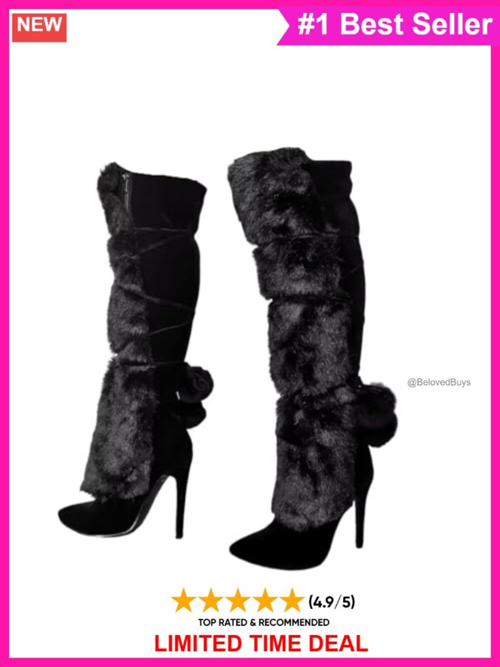 Faux Fur Stiletto Heel Knee High Boots Handmade Wide Calf Winter Party Boots